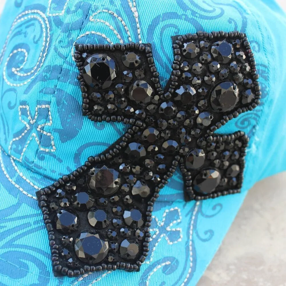 Women Blue Inspirational Cross Rhinestone Crystal Cap Hat Stud Decorative Cotton